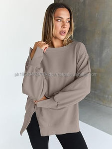 Women's Oversized Cotton Pullover Sweatshirt with <b>Zipper</b> Long Sleeve Crew Neck Pocket Vintage Style Loose Fit Shirt - Product Image 4