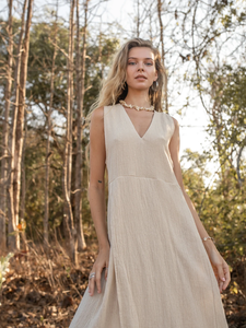 Robe déesse à col V Maxi Boho, robe longue de cérémonie en coton brut teint en couleur unie pour l'été et l'automne - Product Image 6