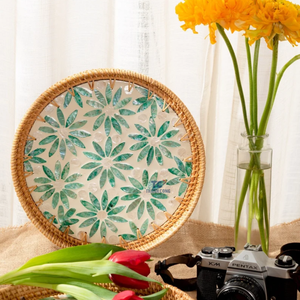 Vente en gros Plateau en rotin avec incrustation de nacre Plateau rond comme décor de table basse Plateau en nacre fait à la main - Product Image 6