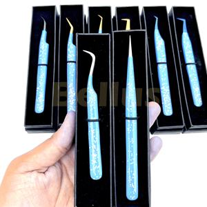 Pinzas de pestañas con volumen recubierto de brillo azul Herramientas de extensión de acero inoxidable Premium para artistas de pestañas profesionales Oferta al por mayor - Product Image 6