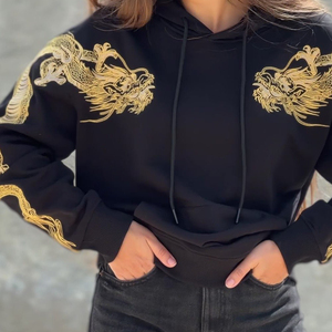 Mens <b>Black</b> Pullover Hoodie Gold Dragon Embroidered Sleeve Back Design Drawstring Hood Kangaroo Pocket Streetwear - Product Image 3