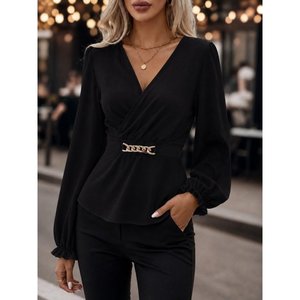 Chemisier à manches longues pour femme avec col enroulé, détail chaîne sur le devant et tissu crêpe chatoyant, 37691 - Noir - Product Image 1