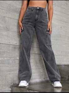 ขายส่งยุโรปเอวสูงผู้หญิงสบายๆตรงขากว้างกางเกงยีนส์กางเกงคาร์โก้กระเป๋าล้างStreetwear Custom Anthraciteกางเกงยีนส์ - Product Image 4