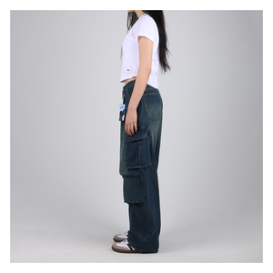 Pantalones Vaqueros de mujer estilo coreano paracaídas Cargo Unisex de corte ancho plisado Denim 2COLOR Casual cómodo suelto pantalones de calle - Product Image 1