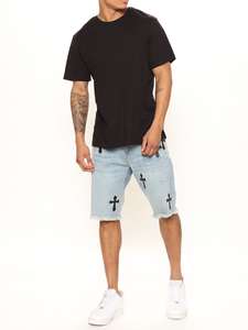 Washed Blue Jean <b>Shorts</b> High Waist Zipper Fly <b>Men</b> Cotton Black Graphic Print Denim <b>Shorts</b> - Product Image 4