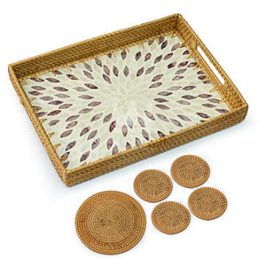 Nouvel arrivage de plateau de service en rotin de café en laque artisanale du Vietnam avec 5 sous-verres en incrustation de nacre - Product Image 1