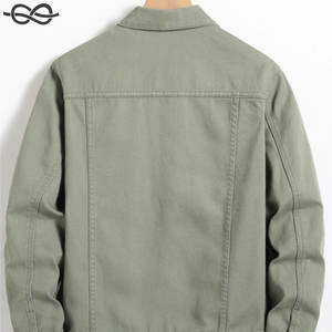 แจ็คเก็ตยีนส์มีกระเป๋าผ้าฝ้าย100% สำหรับผู้ชายสีเขียวล้วนกระดุมแถวเดียวคอเสื้อคอสูง - Product Image 4
