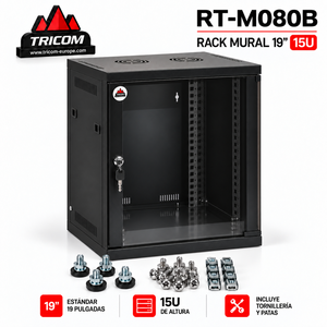 Gabinete de red TRICOM de 19 pulgadas y 15U para montaje en pared con puerta de vidrio y cerradura, incluye tornillos y patas - Product Image 2
