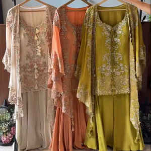 Conjunto de Kurta y Plazo con Chal, Vestido Largo Floral para Fiesta de Otoño, Cintura Natural, Diseño Vintage - Product Image 1