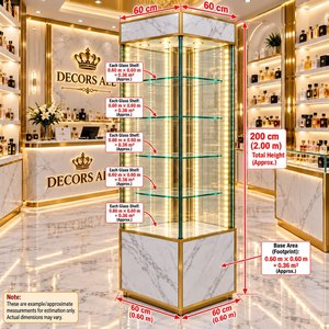 Vitrine autoportante en verre doré avec éclairage LED, base en marbre, 4 étagères, vitrine verticale, style glamour - Product Image 2