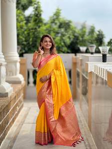 South Indian Haldi Function Wear Bride Maid Yellow Color Soft BANARASI Silk Saree With Printed Blouse at Low Budget - Product Image 4
