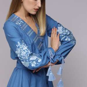 <b>Women</b> <b>African</b> Western <b>Dress</b> Floral Embroidery Long Balloon Sleeve V-Neck Ukrainian <b>Dresses</b> With Belt - Product Image 4