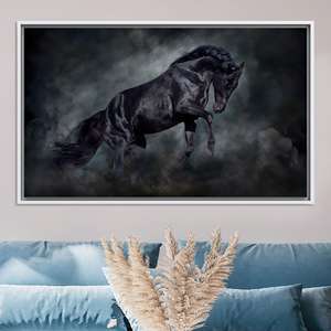 <b>Black</b> Stallion Canvas Art: Dramatic Equine Print for Rustic Home Decor,WHITE <b>FRAMED</b> CANVAS - Product Image 1