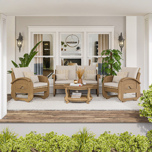 Ensemble de canapé moderne en teck massif 4 pièces avec accents en rotin, coussins à séchage rapide, table basse imperméable pour jardin et extérieur - Product Image 1