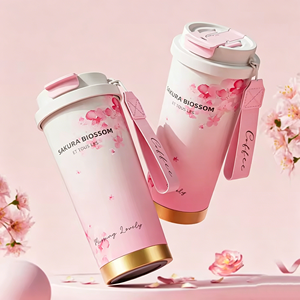 Vente en gros usine – Nouvelle tasse <span class=keywords><strong>thermos</strong></span> rose personnalisée pour femme, 17 oz, pour café, avec isolation, motif fleur de cerisier, idéale comme cadeau romantique - Product Image 1