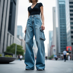 Pantalones Cargo de mezclilla lavados con ácido de cintura alta para mujer - Product Image 1