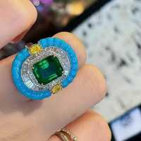 Magnifique bague de style Art Déco en argent sterling avec émeraude Muzo de 4,17 carats, turquoise, émail jaune et zircon blanc, certifiée IGI, pour mariage et soirée