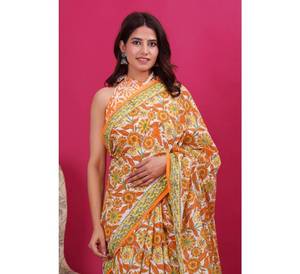 Nhu Cầu Cao Tay Khối In Bông Mulmul <span class=keywords><strong>Saree</strong></span> Với Áo Mảnh Bông Mềm Mùa Hè Mặc Quần Áo Vải Tay Vẽ In Ấn - Product Image 1