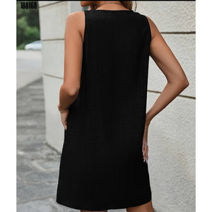 Robe en lin pour femme, sans manches, à bretelles épaisses, avec détail bouton et poche, 38343 - Noir - Product Image 2