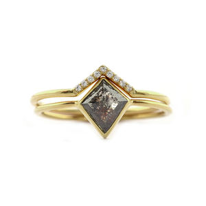 Genuine <b>Salt</b> <b>Pepper</b> Diamond Engagement Chevron Two Ring <b>Set</b> Solid 14K Yellow Gold Minimalist Bridal Wedding Handmade Diamond Jew - Product Image 1