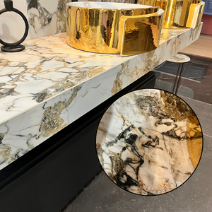 Estante de Porcelana de Alta Calidad con Efecto Mármol Blanco Brillante para Montar en la Pared, con Vetas Doradas y Grises, Lavabo Tipo Vessel, Encimera Italiana - Product Image 2