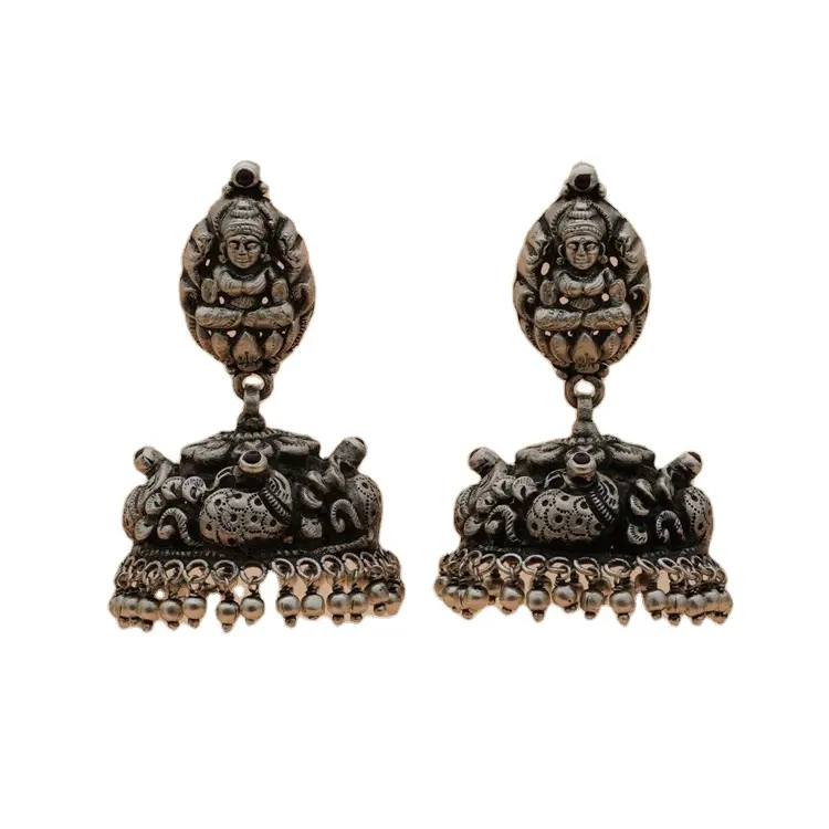 Traditional South Indian Jhumka Earrings Made by Artisans in Antique Finish Goddess Motif 925 Sterling Silver Earrings
