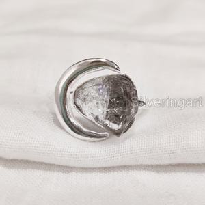 Bague pour femme en pierre brute, diamant Herkimer naturel, forme croissant de lune, en argent sterling 925, idéale pour Noël - Product Image 3