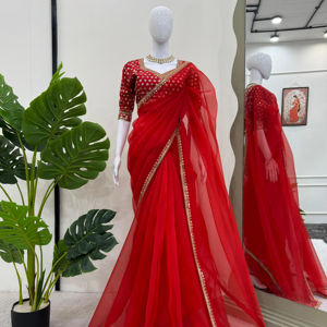 ผ้าส่าหรีผ้าไหมที่ออกแบบสวยงามพร้อมด้ายและลำดับการทำงานสำหรับงานปาร์ตี้ - Product Image 1