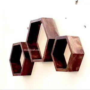 Hot Low MOQ Wood home decor Bohemian Natural Mango Acacia hanging Mounted Storage floating wood hexagon wall shelf Set of 3 unit