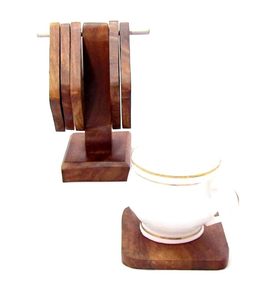 Natural Wooden Square Shape 3 Inch <b>Coaster</b> with Wood Stand Hanging Design for Home Kitchen Office <b>Table</b> Top Desktop Decor - Product Image 4