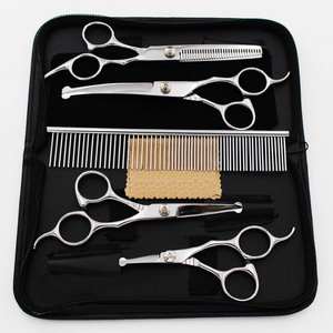 Kit en acier inoxydable pour le toilettage des animaux de compagnie \ coupe de cheveux amincissement incurvé droit et peigne 5pc ensemble de ciseaux avec étui en cuir - Product Image 1