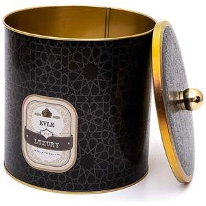 Mango de perilla de patrón geométrico dorado Recipiente redondo de metal de 175x180mm con fondo negro para almacenamiento y contenedor de alimentos - Product Image 1