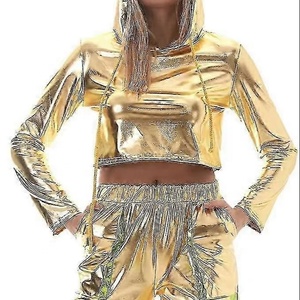 เสื้อฮู้ดดี้แบบยูนิเซ็กซ์ เนื้อผ้าเมทัลลิกเงา สำหรับผู้หญิง แขนยาว ทรงครอป ยืดหยุ่นได้ สวมใส่สบาย เหมาะสำหรับใส่ไปเที่ยวคลับ - Product Image 1