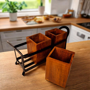Porte-cuillères en bois massif artisanal Woodensure, organisateur d'ustensiles rustique avec cadre métallique, trois compartiments pour couverts en bois - Product Image 4