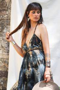 Robe longue dos nu de créateur élégante à longueur de cheville pour femmes robe noire pour dames en tissu rayonne 100% à fleurs tie dye nouvel arrivage - Product Image 2