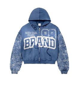 Sweat-shirts pour hommes de haute qualité en coton 100% surdimensionnés, lavés à l'acide, sérigraphiés, avec des strass brodés vintage personnalisés - Product Image 2