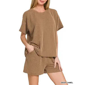 Manufacturer Wholesale Custom Summer Casual Corded Rib <b>Short</b> Sleeve T-Shirt <b>Shorts</b> Women's Two Piece <b>Sets</b> Men - Product Image 1