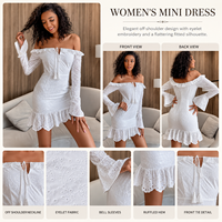 Robe courte blanche pour femme, épaules dénudées, broderie ajourée, manches longues, ourlet à volants, robe d'été décontractée
