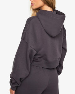 Sweat-shirts à capuche pour femmes en coton 100% avec fermeture éclair intégrale, coupe courte, style streetwear, délavage acide, épaules tombantes, anti-boulochage, imprimé personnalisé sur le devant - Product Image 2