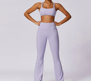 Conjunto de Yoga femenino de 2 piezas de buena calidad, Sujetador deportivo de patrón sólido y mallas con logotipo frontal, transpirable ecológico para mujer - Product Image 6