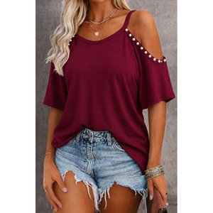Blusa de viscosa de manga corta con tirantes y hombros descubiertos para mujer, con adornos de perlas, 35851 - Borgoña - Product Image 1