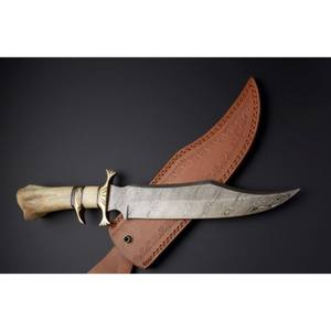 Cuchillo Bowie hecho a medida de acero de Damasco de la mejor calidad con mango de hueso Cuchillos de camping con funda de cuero. - Product Image 3