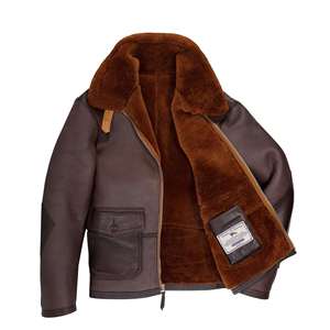 Men <b>Sheepskin</b> Brown Leather <b>Jacket</b> - Product Image 4