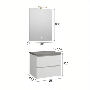 Meuble de salle de bain mural moderne KORICINI en deux parties avec tiroirs en bois blanc, plateau en béton, miroir 60x80 avec ensemble de lampes Belize - Product Image 2
