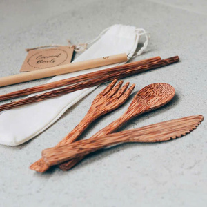 Ensemble de couverts jetables en bois de coco, cuillères et baguettes, marron, fait main, manche personnalisé, ustensile classique écologique du Vietnam - Product Image 3
