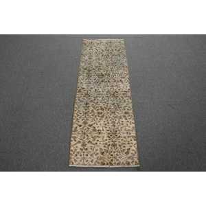 Turkish Vintage Rug, 1.6x4.8 ft Rug, <b>Brown</b> Green Polka dot <b>Wool</b> Rug - Product Image 1