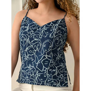 Artsy màu xanh hải quân Bohemian Spaghetti dây đeo bông hàng đầu với in trừu tượng cho mùa hè - Product Image 1