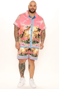 Ensemble chemise de plage 2 pièces boutonnée graphique à manches courtes pour homme Vêtements assortis Chemise et short hawaïens - Product Image 3