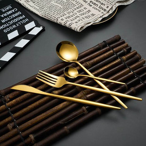 High Quality Custom Logo Metal <b>Rectangular</b> Handle Stainless Steel <b>Gold</b> Plated Luxury Hotel Wedding Cutlery Set - Product Image 6