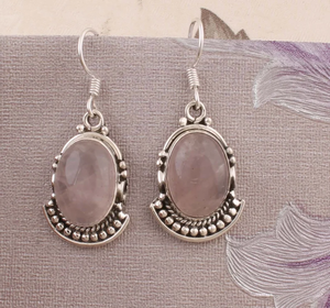 Handmade <b>Natural</b> Rose Quartz Gemstone Sterling Solid Silver Anniversary Gift Earring Oval Earring Boho design - Product Image 4